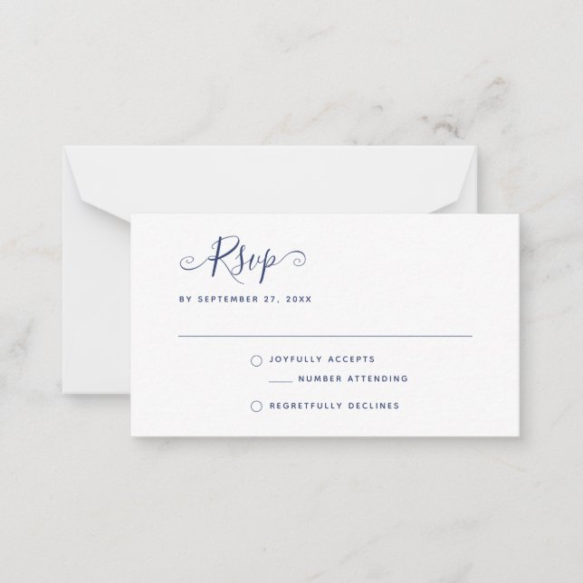 Cartão De Notas Navy Blue Boho Stylish Script RSVP Wedding (Frente)