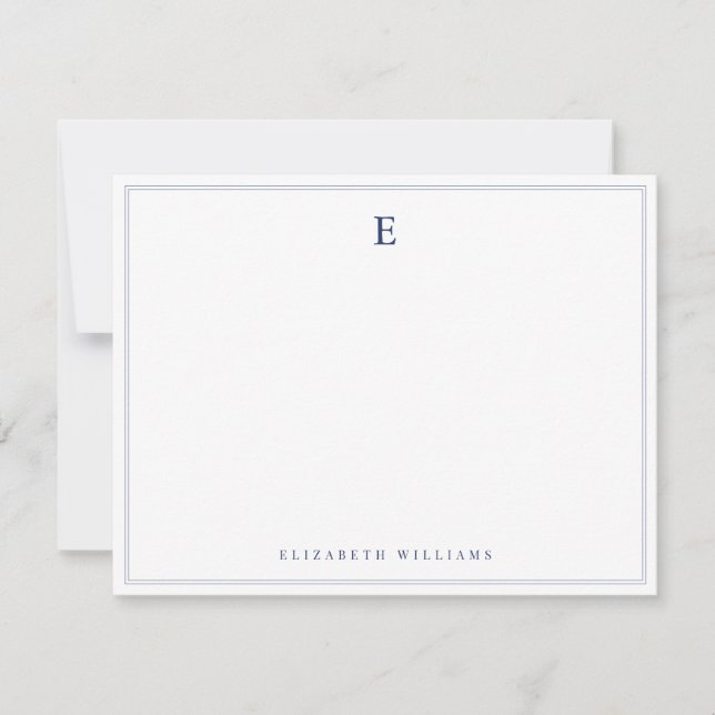 Cartão De Notas Navy Blue Double Border Simple Elegant Monogram  (Frente)