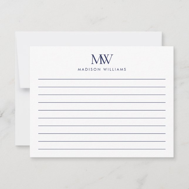 Cartão De Notas Navy Blue Simple Elegant Modern Monogram (Frente)