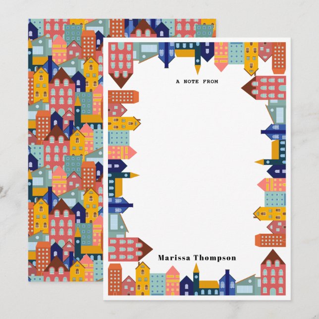 Cartão De Notas Neighborhood Block City Houses Pattern (Frente/Verso)
