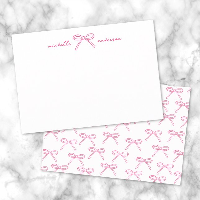 Cartão De Notas Nome com Laço Rosa Personalizado (Personalized Pink Bow Name Note Card)