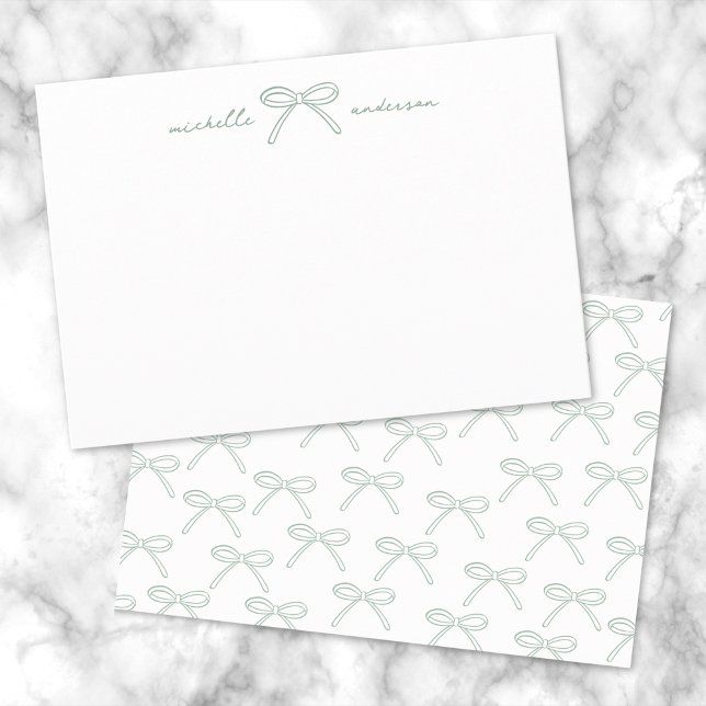 Cartão De Notas Nome de Arco Verde Personalizado (Personalized Green Bow Name Note Card)
