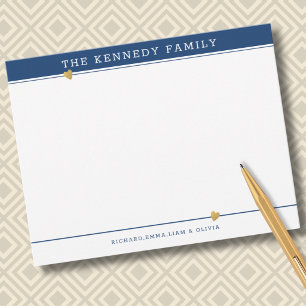 Cartão De Notas Nome de Família Elegante Coração Dourado Azul e Br