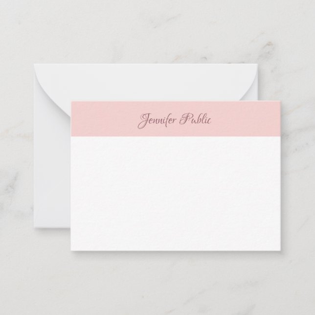 Cartão De Notas Nome de Script Manuscrito Blush Pink White Elegant (Frente)