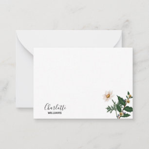 Cartão De Notas Nome de Script Simples de Flor Branca Elegante