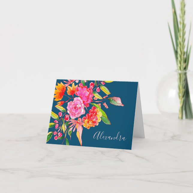 Cartão De Notas Nome do Marinho das Flores de Aquarelas Rosa e Lar (Frente)