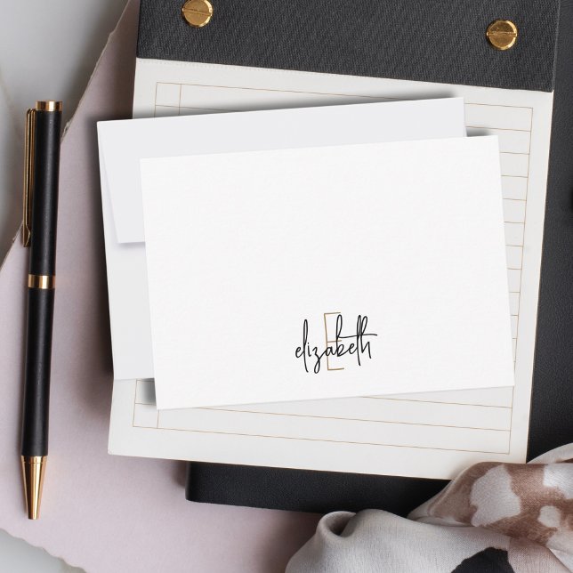 Cartão De Notas Nome do Monograma Elegante Script Dourado Preto (Criador carregado)