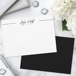 Cartão De Notas Nome do Script Preto e Branco Monograma