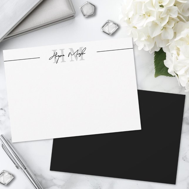 Cartão De Notas Nome do Script Preto e Branco Monograma (Black And White Script Name Monogram Note Card )