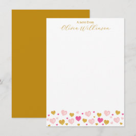 Cartão De Notas Nome Elegante Dourado Script | Corações Aquarela