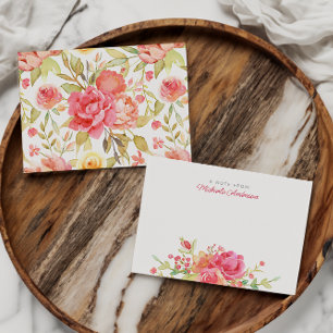 Cartão De Notas Nome Floral & Flores de Aquarela Rosa & Folhagens