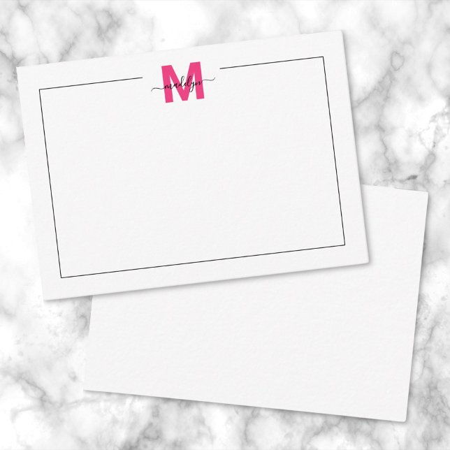 Cartão De Notas Nome Monograma Black Pink Script (Black Pink Script Name Monogram Note Card )