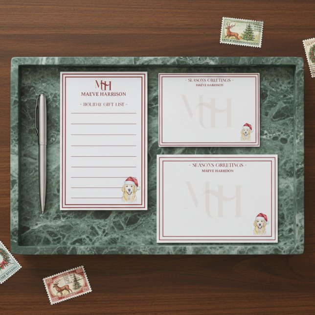 Cartão De Notas Nome Personalizado Cachorro com Chapéu de Natal De (Shop the full collection at Doodle Dogs & Co. on Zazzle!)
