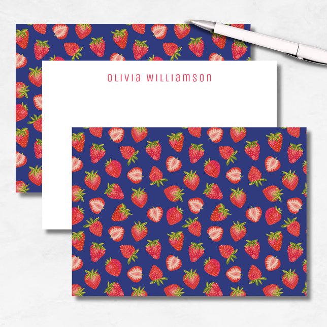 Cartão De Notas Nome Personalizado da Fruta de Morango (Fun strawberry notecards on blue background. Customize with your own name or choice of text.)