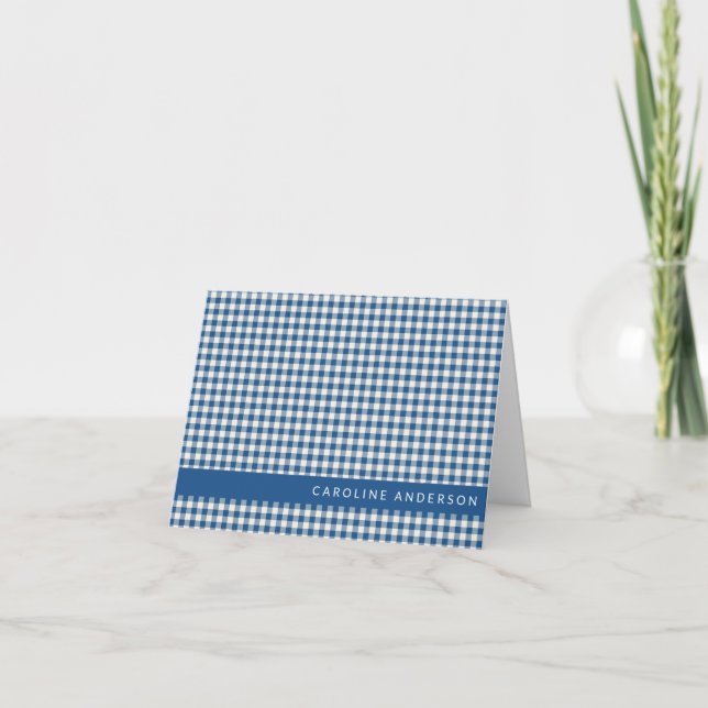 Cartão De Notas Nome Personalizado da Xadrez Gingham Azul-Marinho  (Frente)