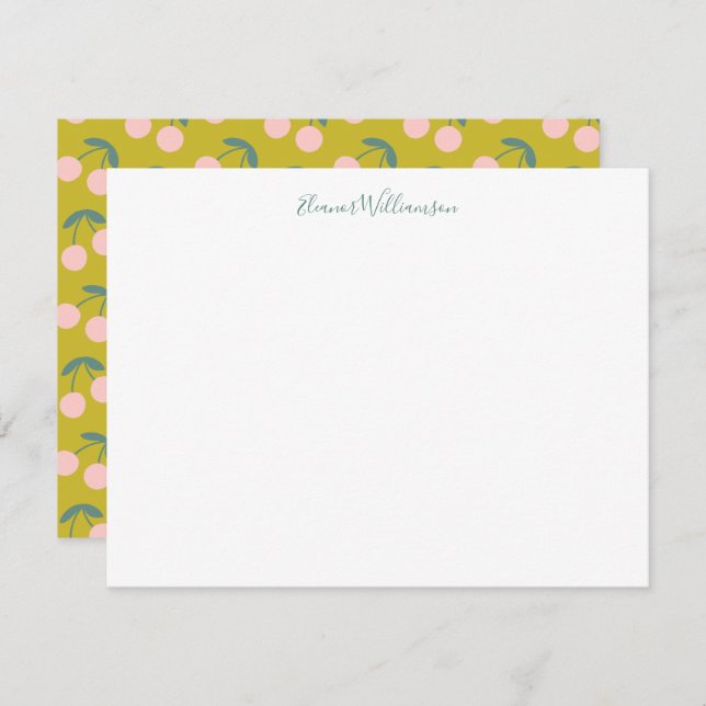 Cartão De Notas Nome Personalizado de Fruta de Cereja Rosa e Verde (Frente/Verso)