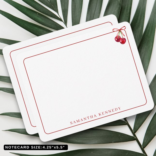 Cartão De Notas Nome Personalizado Do Arco De Aquarela E Da Borda  (Watercolor Bow And Cherries Red Border Custom Name Note Card
)