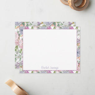 Cartão De Notas Nome Personalizado do Sketch Floral Purple Floral