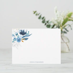 Cartão De Notas Nome Personalizado Floral Aquarela Azul
