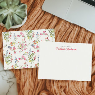 Cartão De Notas Nome Personalizado Flores e Folhagens Aquarela Ros