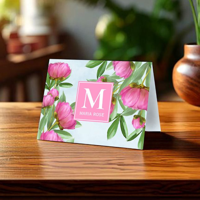 Cartão De Notas Nome Simples Monograma Personalizado Floral (Simple monogram pink floral note card.)