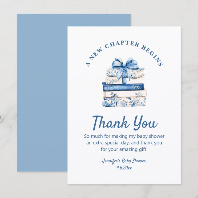 Cartão De Notas novo capítulo começa, blue bow books obrigado (Frente/Verso)