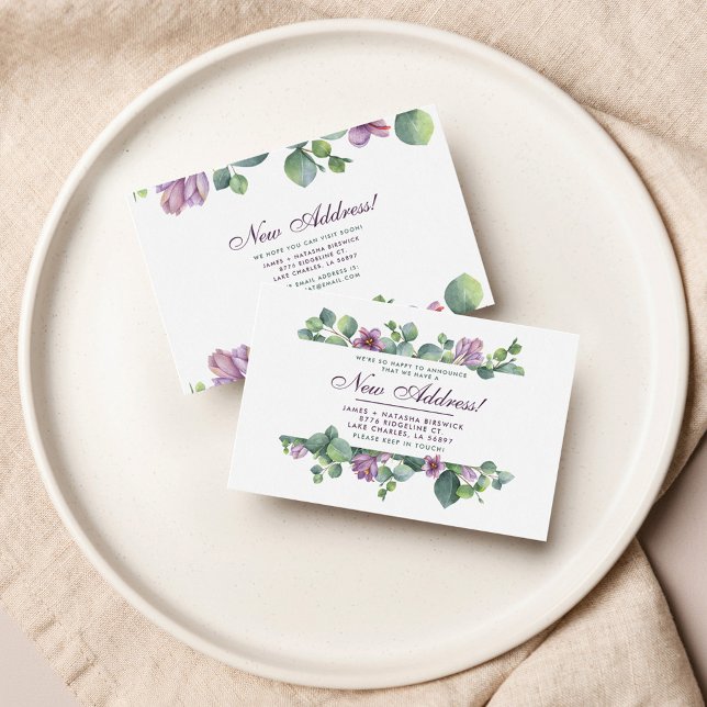 Cartão De Notas Novo endereço que movemos para o Eucalipto Botânic (Purple Green Eucalyptus Botanical Moving Announcement Notecard)