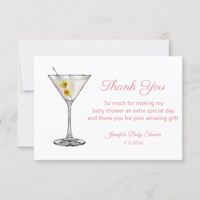 Cartão De Notas obrigada festa de bebê menina martini rosa script (Frente)