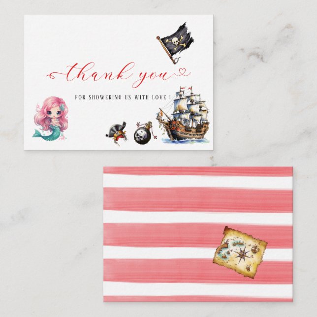 Cartão De Notas Obrigado de festa de aniversário de sereia e pirat (Frente/Verso)