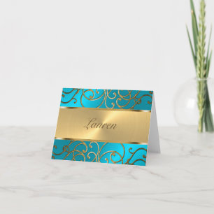 Cartão De Notas Obrigado Elegante Turquoise Blue Dourado Filigree