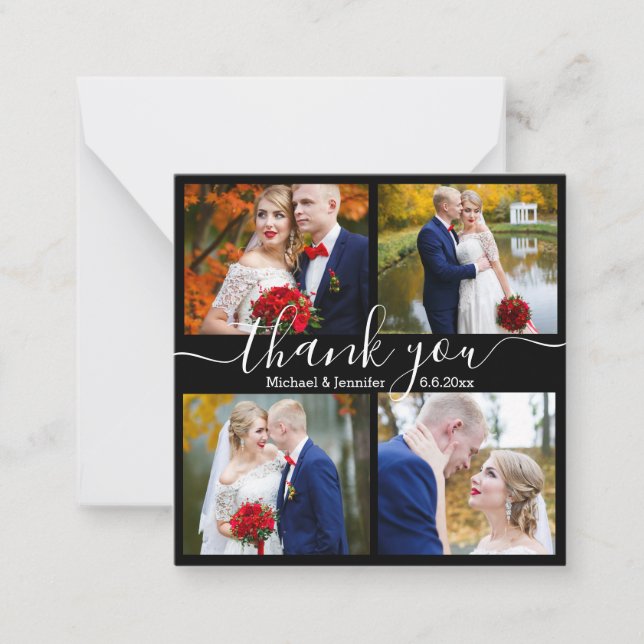 Cartão De Notas obrigado você, 4 fotos do casamento preto e branco (Frente)