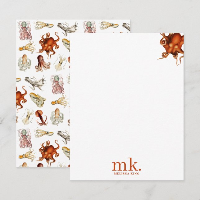 Cartão De Notas Octopus Oceano Octopus Monograma de Padrão (Frente/Verso)