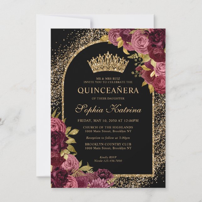 Cartão De Notas Orçamento Black Burgundy Glam Dourado Floral Quinc (Frente)