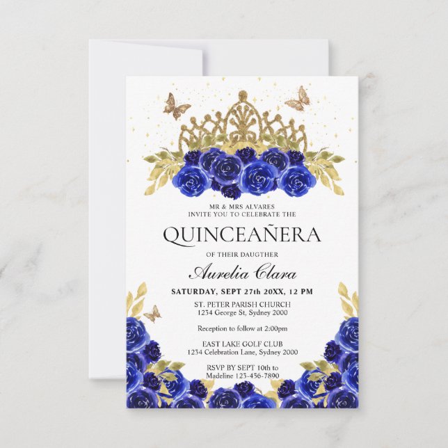 Cartão De Notas Orçamento Elegante Azul Floral Dourada Tiara Quinc (Frente)