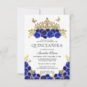 Cartão De Notas Orçamento Elegante Azul Floral Dourada Tiara Quinc