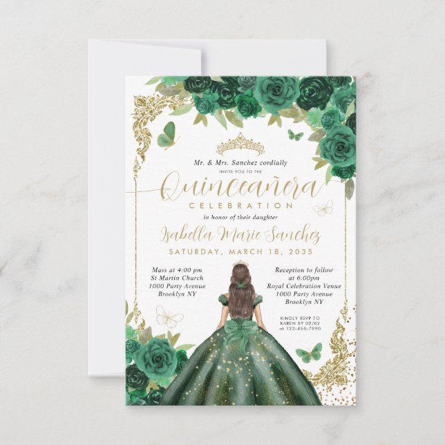 Cartão De Notas Orçamento Emerald Green Princesa Dourada Quinceañe (Frente)