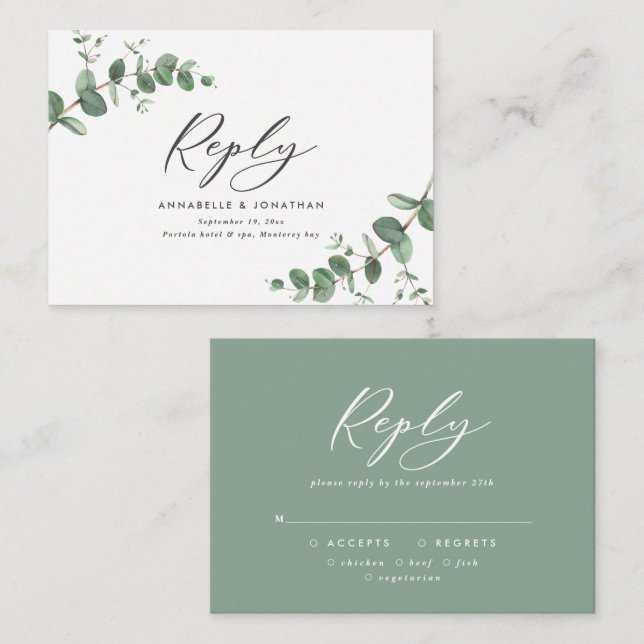 Cartão De Notas orçamento Eucalyptus sage green Wedding resposta R (Frente/Verso)