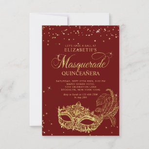 Cartão De Notas Orçamento Foto de Quinceañera Red Gold Masquerade