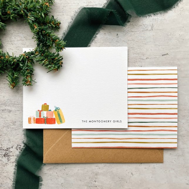 Cartão De Notas Orçamento Moderno Presentes Natal Água-Forte Féria (Watercolor Christmas presents note cards with colorful stripes on the back. Great budget gift idea!)
