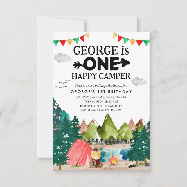 Cartão De Notas Orçamento ONE Feliz Camper Woods primeiro aniversa (Frente)