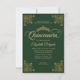 Cartão De Notas Orçamento Vintage Verde Dourada Tiara Quinceanera