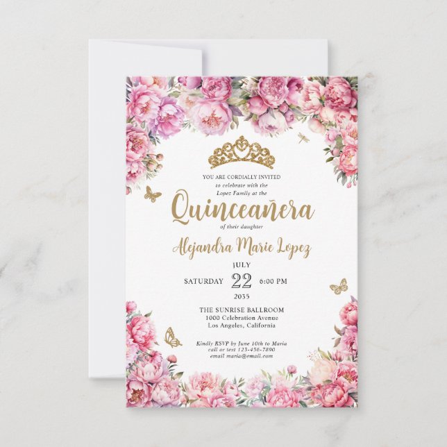 Cartão De Notas Orquestra Floral Rosa Dourada Tiara Quinceañera (Frente)