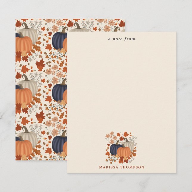 Cartão De Notas Outono de Abóbora Silvestre Rustico Flores Folhas  (Frente/Verso)
