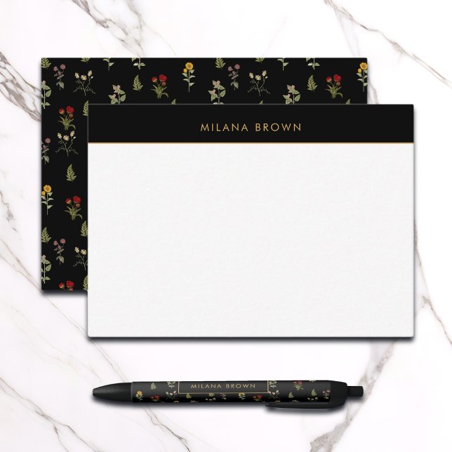 Cartão De Notas Padrão de Flor Selvagem Chic Black Boho (Criador carregado)