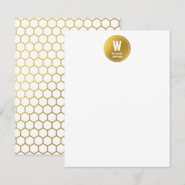 Cartão De Notas Padrão de Hexágono Branco e Dourado Monograma Inic