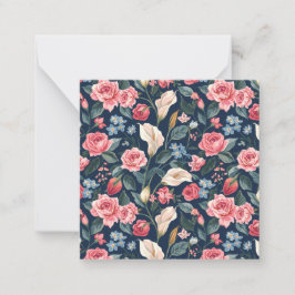 Cartão De Notas Padrão de Jardim Floral Azul Naval Romântico