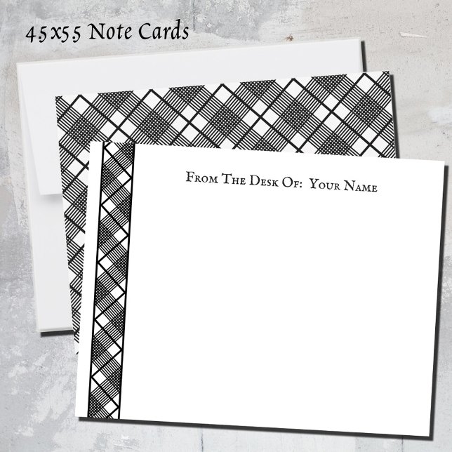 Cartão De Notas Padrão de Xadrez branca preto editável 4,5x5.5 (Black and white plaid pattern note cards)
