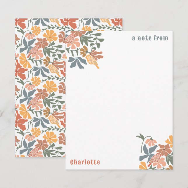 Cartão De Notas Padrão moderno de Meio século Floral e Aves (Frente/Verso)