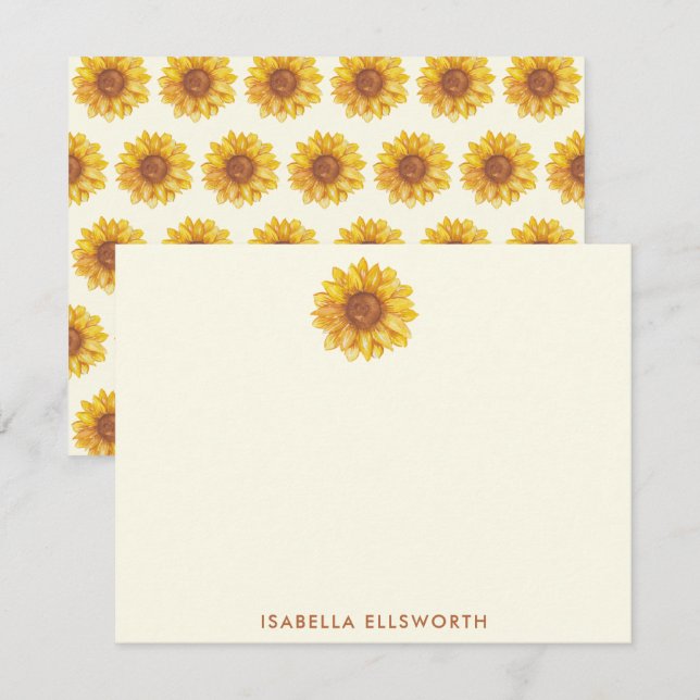Cartão De Notas Padrão Rustic Watercolor Sunflower Personalizado (Frente/Verso)