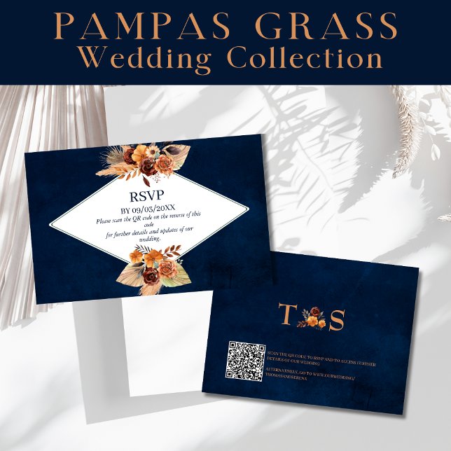 Cartão De Notas Pampas Grass Naval Azul outono QR Código RSVP (Criador carregado)